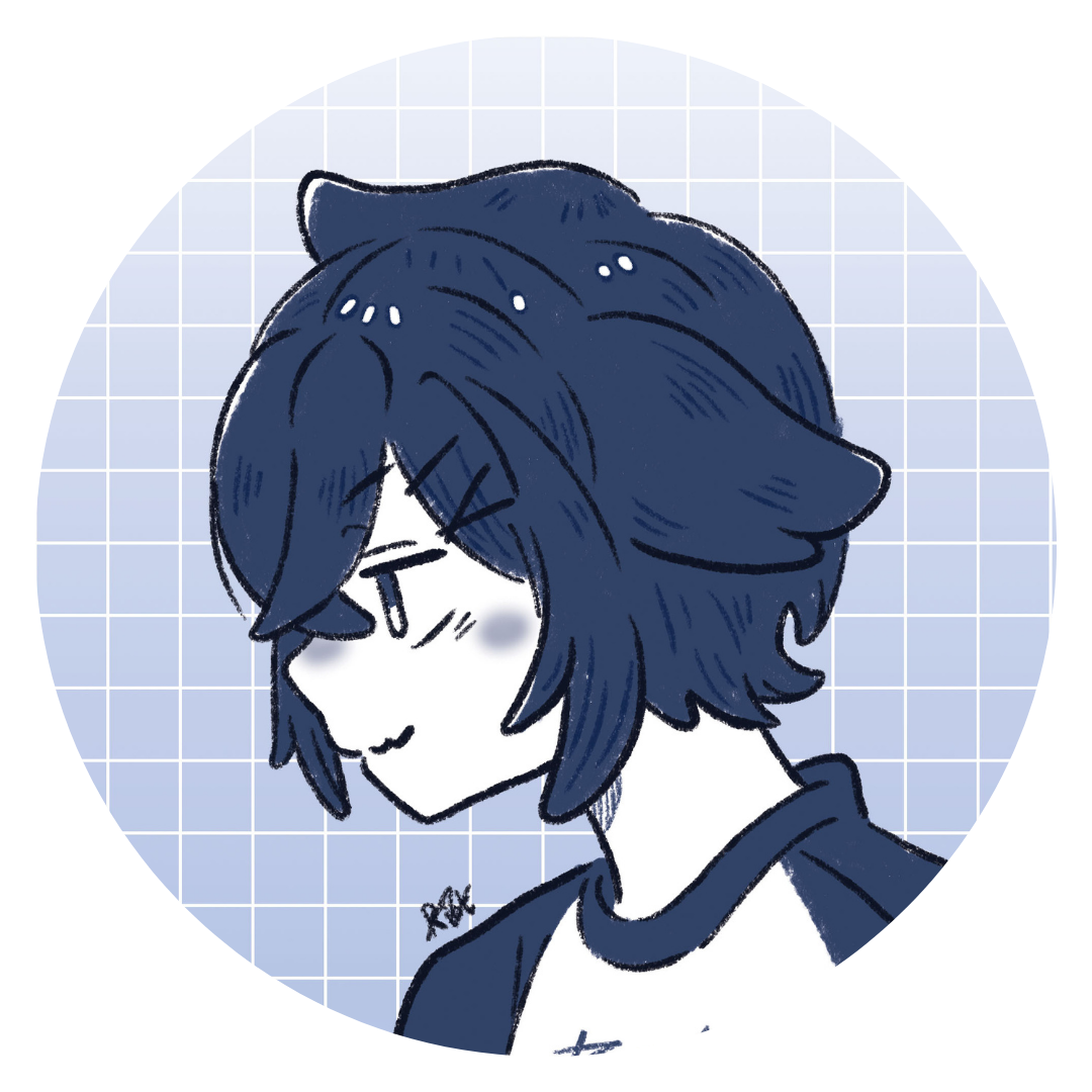 An illustrated drawing of the artist Liyana Azmi in different shades of blue, and presented in chibi format. The character has choppy short hair and is wearing a baseball top.